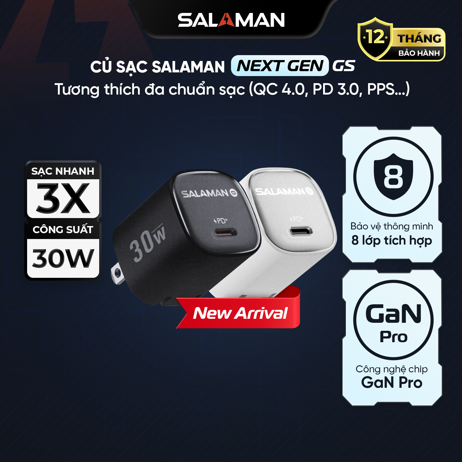 Củ Sạc Salaman GaNPro 30W NextGen GS | Công Nghệ GaN Hiệu Suất Cao | Bảo Vệ 8 Lớp | Thiết Kế Nhỏ Gọn